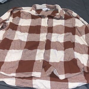 Old Navy Brown and White Plaid Button-Up Long Sleeve Shirt